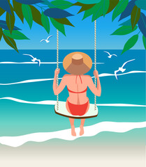 Young lady sitting on a see-saw on the beach with a seascape on the background flat vector illustration