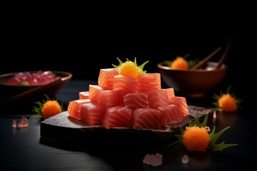 Obraz na płótnie Canvas Close up to 3d Model Mocking up the sliced raw tuna piece cube with salmonkun isolated on black background. Tuna sashimi, raw fish in traditional Japanese style. Generative AI.