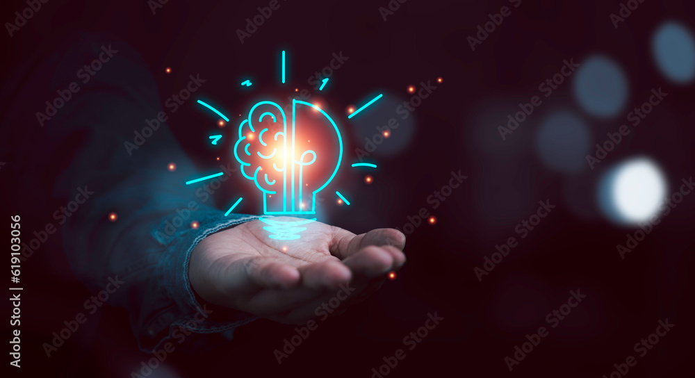 Poster hand holding drawing virtual lightbulb with brain on bokeh background for creative thinking idea and