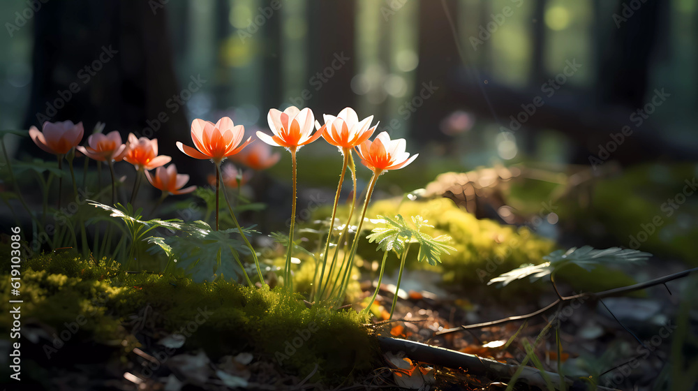 Wall mural Bright forest flowers with a beautiful blurred background.