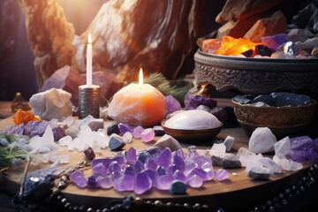 Beautiful esoteric and mystical altar for meditation with crystals and semi-precious stones, Zen Temple. Generative AI. - obrazy, fototapety, plakaty