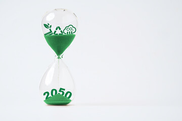 Carbon reduction and environment icon inside of sand clock for Kyoto Protocol 2050 for carbon...