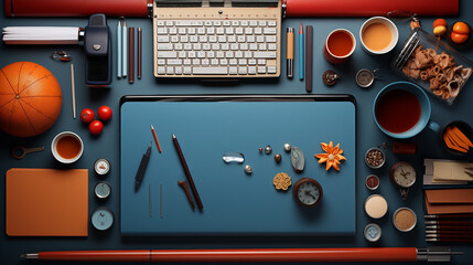 Top view of office table with a office supplies. Generative Ai