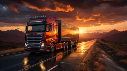 Fototapeta na wymiar Truck at Sunset. Generative Ai
