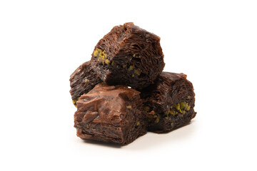 Turkish chocolate baklava isolated on white background.