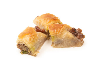 Delicious sweet baklava with walnuts isolated on white background.