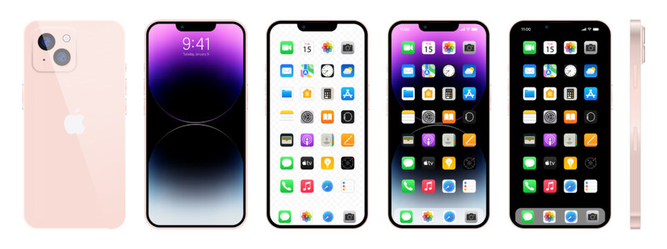 New pink Iphone 14. Apple inc. smartphone with ios 14. Locked screen, phone navigation page, home page with 47 popular apps. Vector illustration EPS10. Editorial.