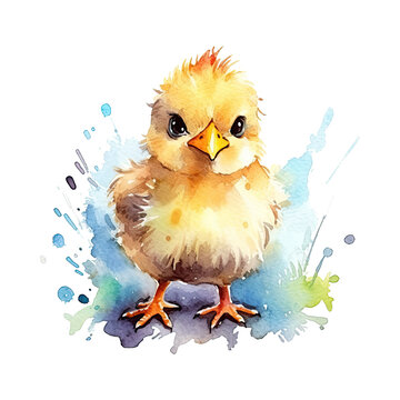 Watercolor cartoon little chicken. Happy farm animal illustration. Generative AI