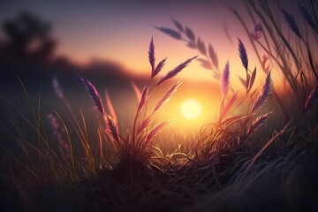 sunset in the grass Generative AI