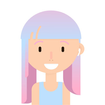 Smile girl with colorfull hair avatar, pirsing, headphones. Flat style on white background