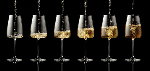 Pouring white wine into a glass on a black background.