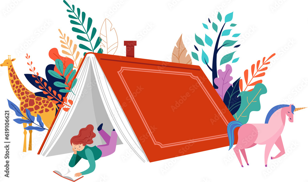 Wall mural Girl reading inside giant tent shaped book flat illustration