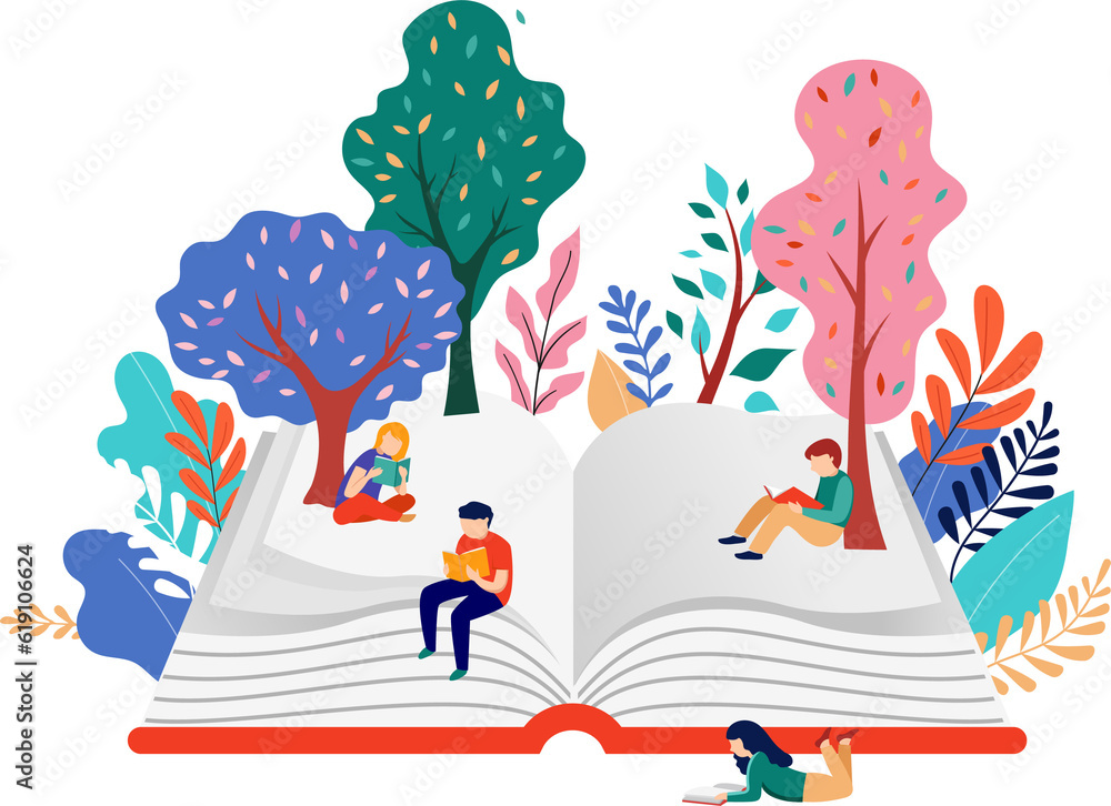 Wall mural giant book with tiny people and trees flat illustration