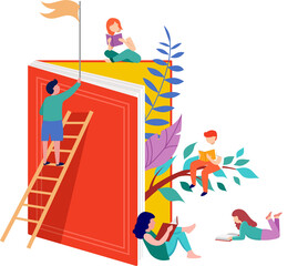 Giant book with tiny people flat illustration © Marina Zlochin
