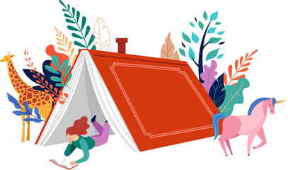 Girl reading inside giant tent shaped book flat illustration