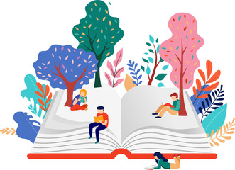 Giant book with tiny people and trees flat illustration