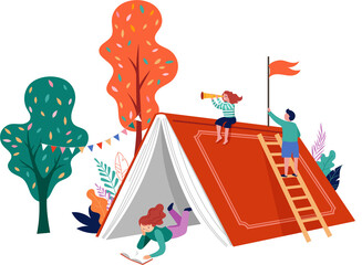 Giant tent shaped book with tiny people flat illustration