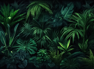 Naklejka na ściany i meble Backdrop of Nature green background, nature view of dark green leaf and palms background nature concept, tropical and green leaf of nature backdrop. Generative AI.
