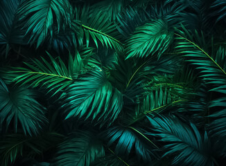 Backdrop of Nature green background, nature view of dark green leaf and palms background nature concept, tropical and green leaf of nature backdrop. Generative AI.