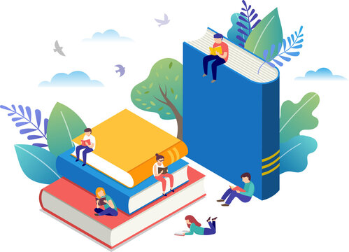 Giant books with tiny people flat illustration