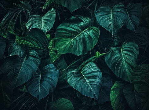 Backdrop of Nature green background, nature view of dark green leaf and palms background nature concept, tropical and green leaf of nature backdrop. Generative AI. © Surachetsh
