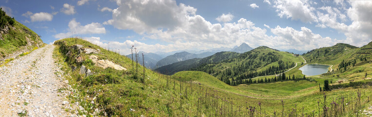 Fototapeta na wymiar Panorama Nature of Mountain, Grass and Lake in Flachau. Beautiful Outdoor Scene in Austria during Summer Day.