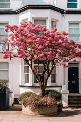 A tree with pink flowers in front of the white wall of the building. Generative AI