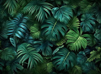 Naklejka na ściany i meble illustrated digital painting of Nature green background that Close up nature view of green leaf and palms background. tropical leaf and green in dark tone. Generative AI.