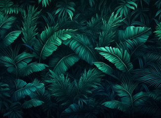 Fototapeta na wymiar illustrated digital painting of Nature green background that Close up nature view of green leaf and palms background. tropical leaf and green in dark tone. Generative AI.