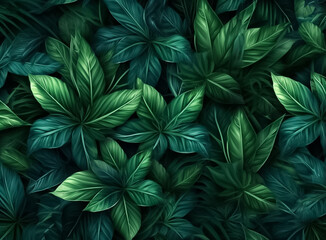 illustrated digital painting of Nature green background that Close up nature view of green leaf and palms background. tropical leaf and green in dark tone. Generative AI.