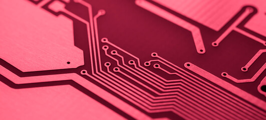 red printed circuit board. layout of tracks.