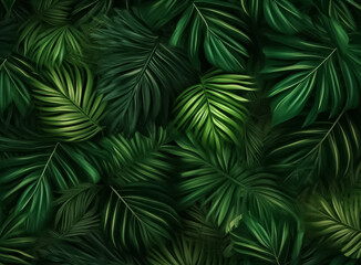 illustrated digital painting of Nature green background that Close up nature view of green leaf and palms background. tropical leaf and green in dark tone. Generative AI.