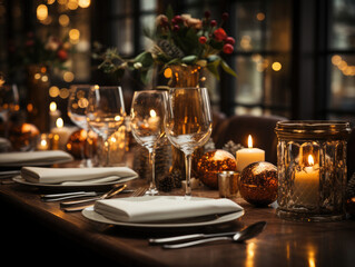 Christmas Eve Dinner with decorated table, Mockups Design 3D, High-quality Mockups, Generative Ai