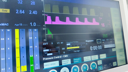 Hospital monitor displaying vital signs: heart rate, blood pressure, pulse oximetry, temperature. Symbolizing health monitoring and medical care