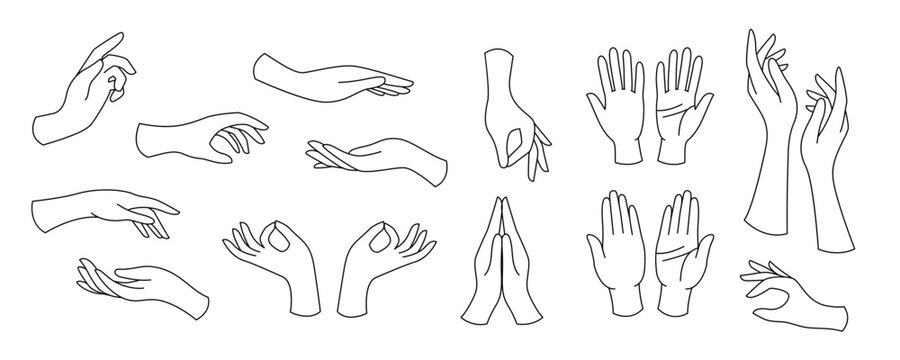 Set outline woman hands. Collection of different elegant gestures. Line art for logo design, trendy minimal style.