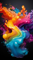 Rainbow liquid swirl.  Colorful paint splash. Colored waves background. Generative Ai