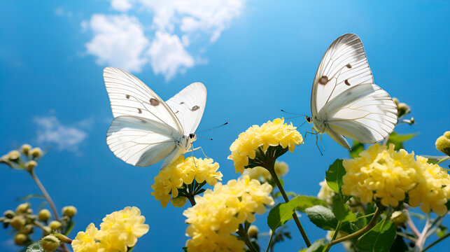Fototapeta White butterflies close up macro photo. Detailed butterfly black-veined white Pieridae on yellow garden flowers. Sunny summer outdoor landscape. Wild nature poster photo