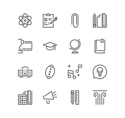 Set of school and university related icons, study, learning, knowledge, chemistry, globe, classroom, biology, history, math, geometry and linear variety symbols.
