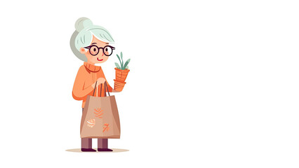 Illustration of senior grandmother holding eco textile bag, zero waste concept, white background. AI generated