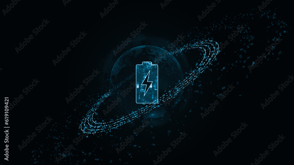 Poster blue digital battery logo with particle ring circle rotation and earth sphere with ai technology ico