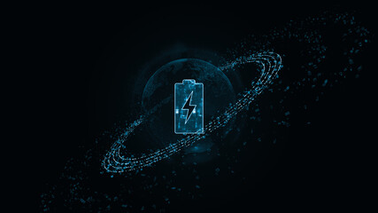 Blue digital battery logo with particle ring circle rotation and earth sphere with ai technology icon on futuristic abstract background power reserve concepts