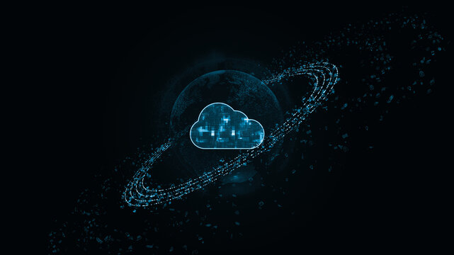 Blue digital cloud computing logo with particle ring circle rotation and earth sphere with ai technology icon on futuristic abstract background storage big data backup concepts