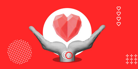 Love concept. Symbolic heart between two palms on a red background. minimalist art collage