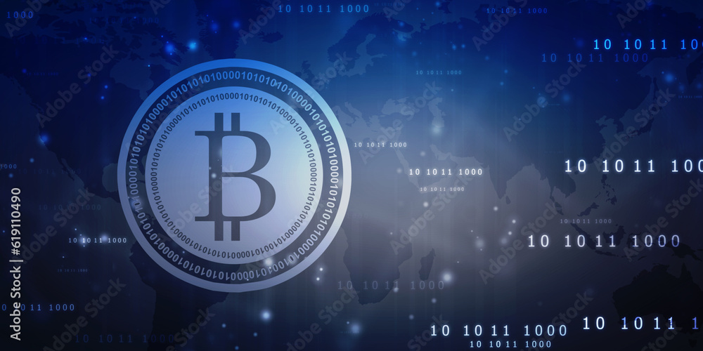 Poster global abstract bitcoin crypto currency blockchain technology world map background illustration