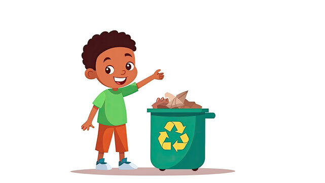 Illustration of African-American child throwing trash in green recycling bin, waste container on white background. Copy space. Zero waste concept. Environmental awareness education. AI generated
