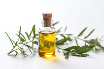 Fragrant Tea Tree Essential Oil in a small glass bottle next to a fresh Melaleuca leaves on white background.