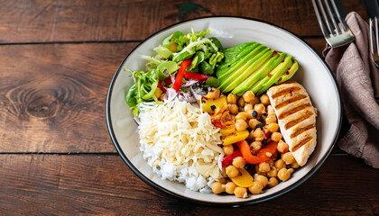 grilled chicken, rice, spicy chickpeas, avocado, cabbage, pepper in buddha bowl