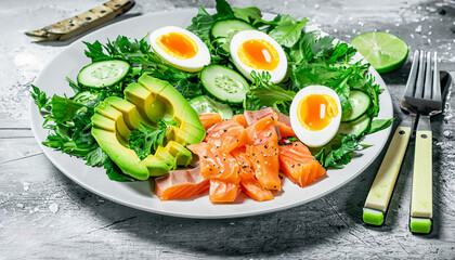 ketogenic diet breakfast. salt salmon salad with greens, cucumbers, eggs and avocado.