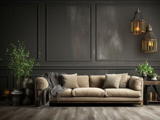 Home Interior Dark Vintage Living Room Background, Mockups Design 3D, High-quality Mockups, Generative Ai