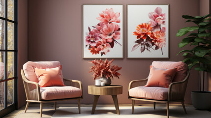 Home Interior With Rattan Chairs Flowers, Mockups Design 3D, High-quality Mockups, Generative Ai